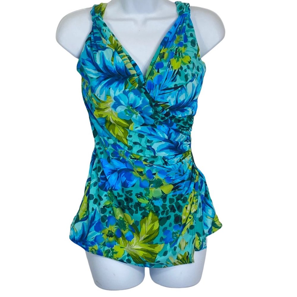 Miraclesuit Tankini Swim Top Underwire Green Blue Palm Leaf Print Women's 10